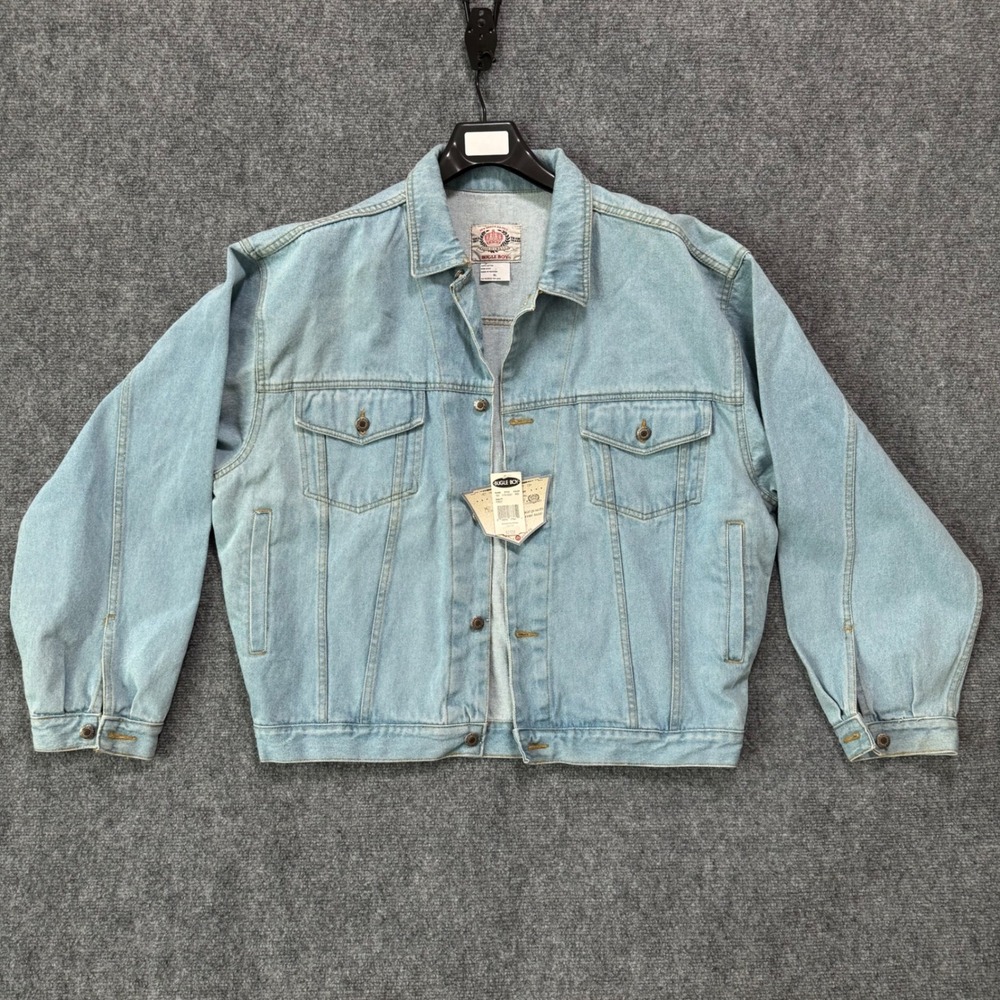 Vintage Bugle Boy Denim Jacket Gold Crest XL Light Wash Jean‎ Coat Heavyweight
